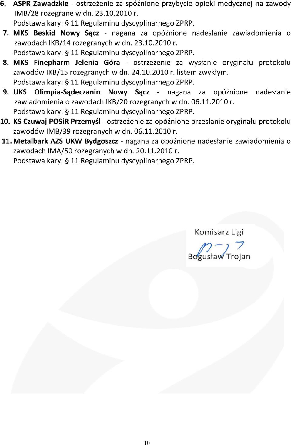 MKS Finepharm Jelenia Góra - ostrzeżenie za wysłanie oryginału protokołu zawodów IKB/15 rozegranych w dn. 24.10.2010 r. listem zwykłym. 9.