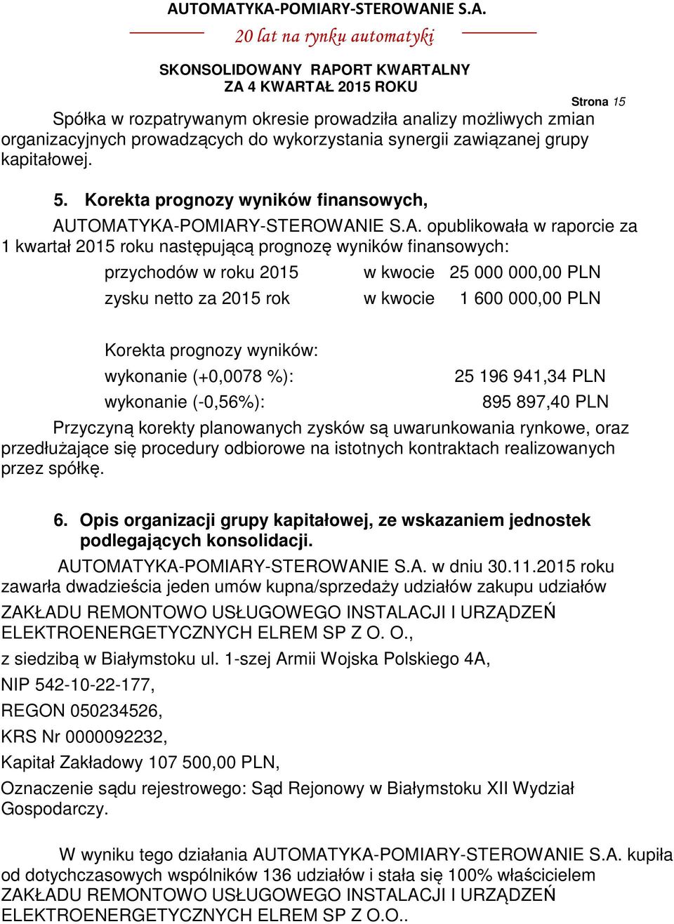 TOMATYKA-POMIARY-STEROWANIE S.A. opublikowała w raporcie za 1 kwartał 2015 roku następującą prognozę wyników finansowych: przychodów w roku 2015 w kwocie 25 000 000,00 PLN zysku netto za 2015 rok w