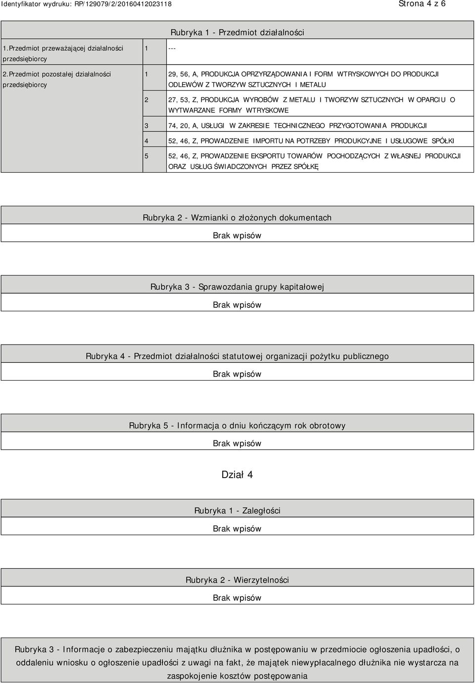 METALU I TWORZYW SZTUCZNYCH W OPARCIU O WYTWARZANE FORMY WTRYSKOWE 3 74, 20, A, USŁUGI W ZAKRESIE TECHNICZNEGO PRZYGOTOWANIA PRODUKCJI 4 52, 46, Z, PROWADZE IMPORTU NA POTRZEBY PRODUKCYJNE I USŁUGOWE