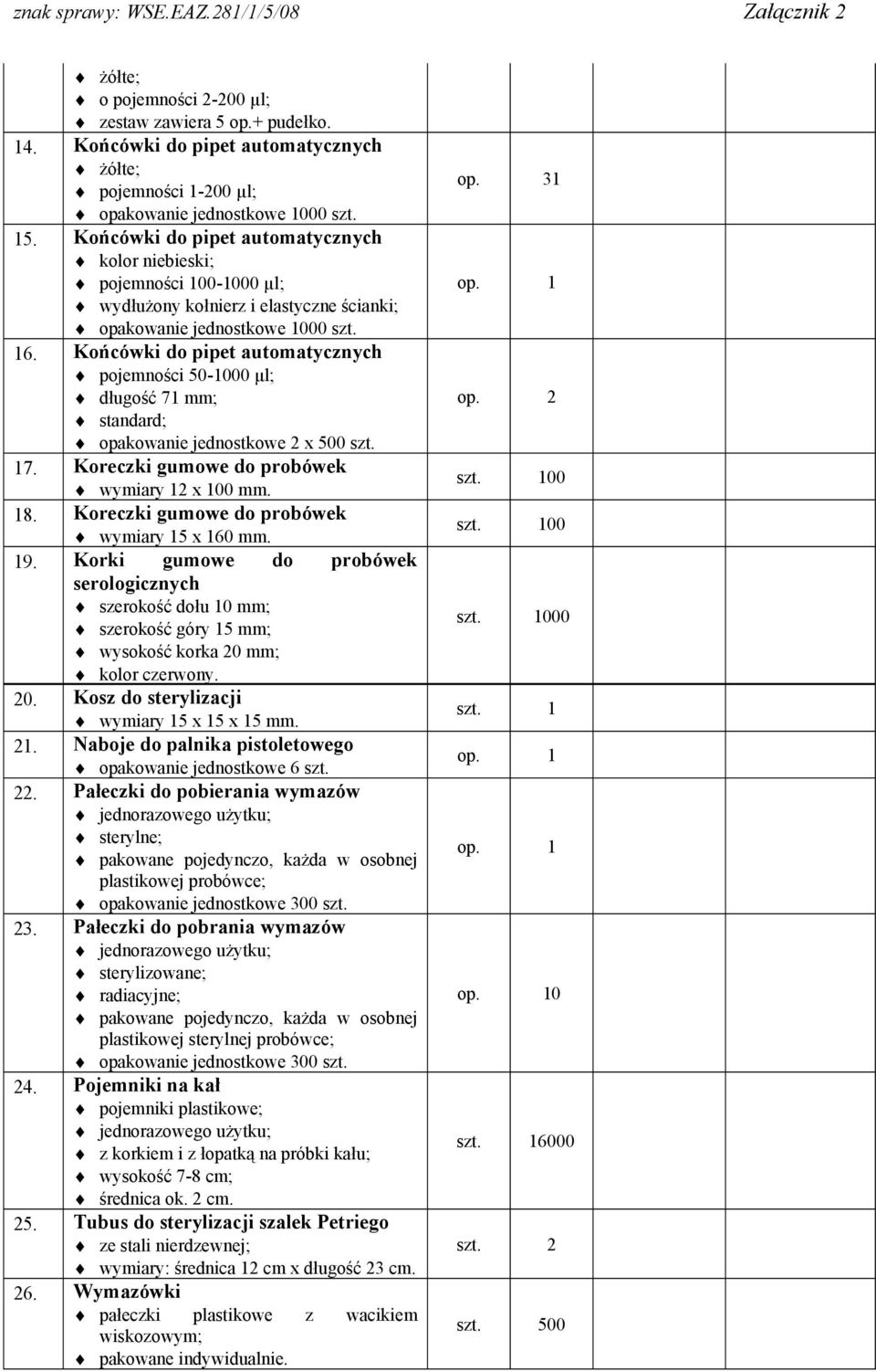 Końcówki do pipet automatycznych pojemności 50-1000 μl; długość 71 mm; standard; opakowanie jednostkowe 2 x 500 szt. 17. Koreczki gumowe do probówek wy 12 x 100 mm. 18.