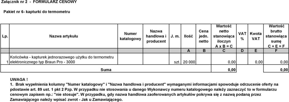 1. Brak wypełnienia kolumny "Numer katalogowy" i "Nazwa handlowa i producent" wymaganymi informacjami spowoduje odrzucenie oferty na pdostawie art. 89 ust. 1 pkt 2 Pzp.