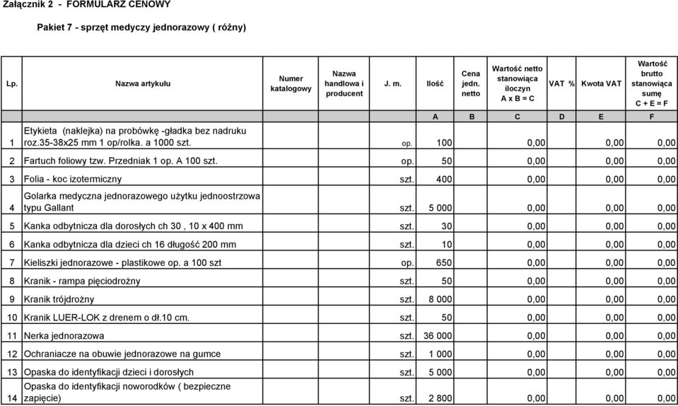 Przedniak 1 op. A 100 szt. op. 50 0,00 0,00 0,00 3 Folia - koc izotermiczny szt. 400 0,00 0,00 0,00 4 Golarka medyczna jednorazowego użytku jednoostrzowa typu Gallant szt.