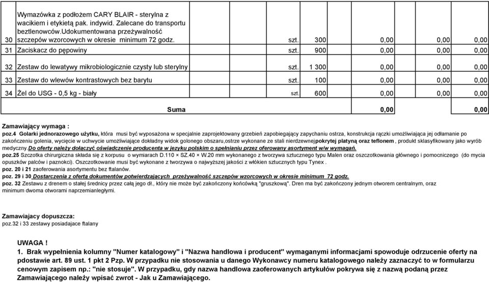 1 300 0,00 0,00 0,00 33 Zestaw do wlewów kontrastowych bez barytu szt. 100 0,00 0,00 0,00 34 Żel do USG - 0,5 kg - biały szt. 600 0,00 0,00 0,00 Suma 0,00 0,00 Zamawiający wymaga : poz.