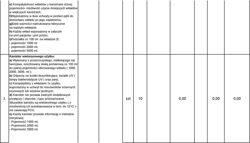 na wkładzie 2l; - pojemność 1000 ml - pojemność 2000 ml; - pojemność 3000 ml.