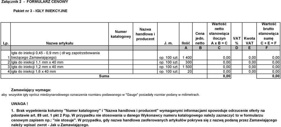 1 400 0,00 0,00 0,00 2Igła do iniekcji 1,1 mm x 40 mm 3Iga ł do iniekcji 1,2 mm x 40 mm 4igła do iniekcji 1,6 x 40 mm op. 100 szt.