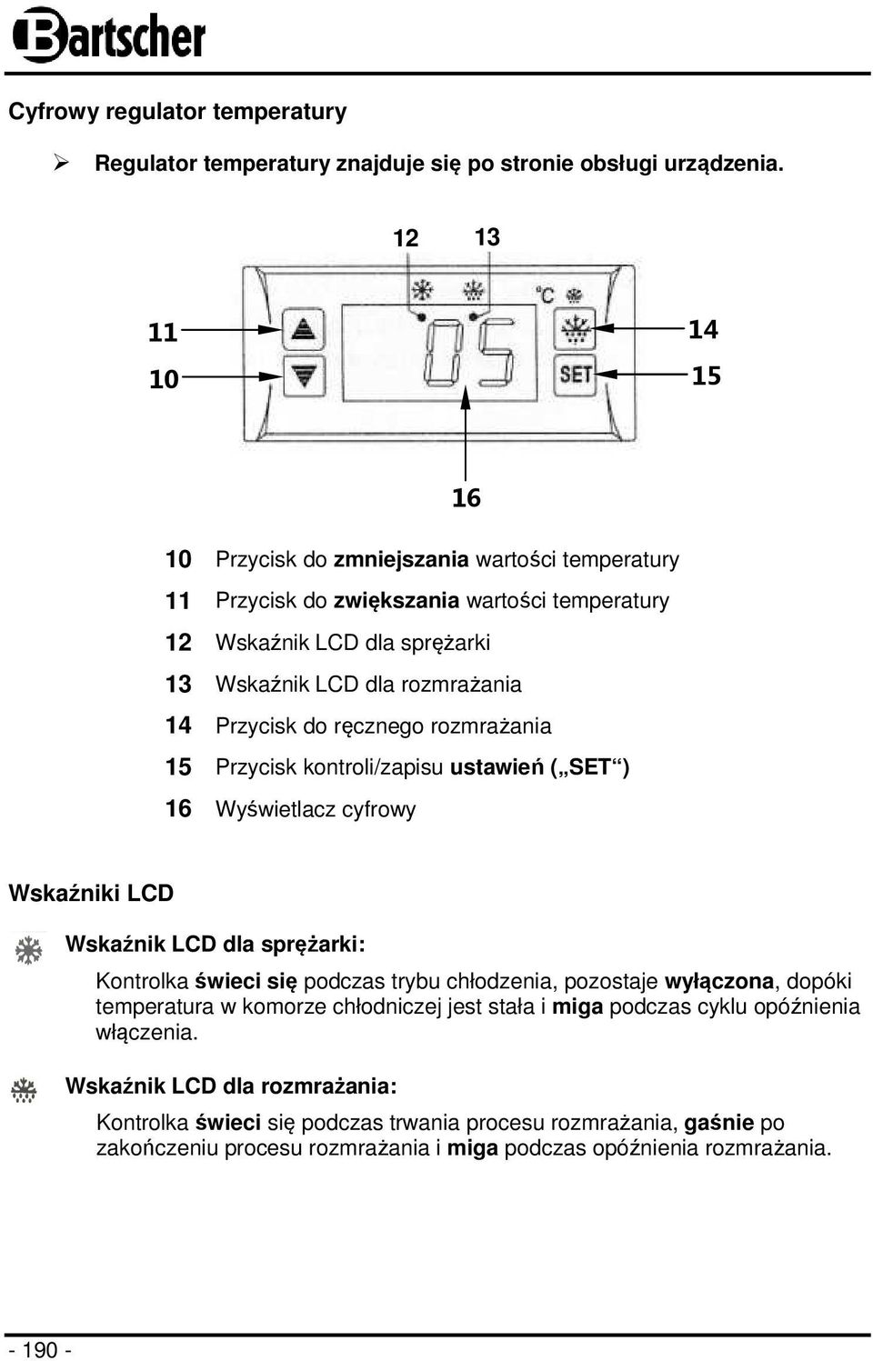 Przycisk do ręcznego rozmrażania 15 Przycisk kontroli/zapisu ustawień ( SET ) 16 Wyświetlacz cyfrowy Wskaźniki LCD Wskaźnik LCD dla sprężarki: Kontrolka świeci się podczas trybu chłodzenia,