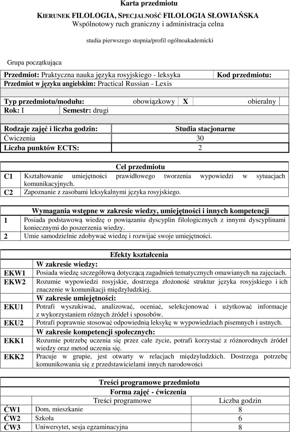 zajęć i liczba godzin: Studia stacjonarne Ćwiczenia 30 Liczba punktów ECTS: 2 Cel przedmiotu C1 Kształtowanie umiejętności prawidłowego tworzenia wypowiedzi w sytuacjach komunikacyjnych.