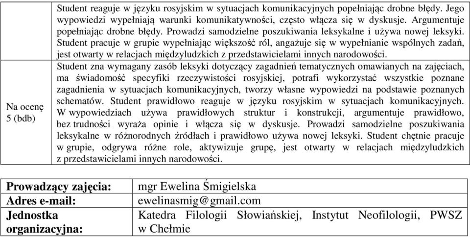 Student pracuje w grupie wypełniając większość ról, angażuje się w wypełnianie wspólnych zadań, jest otwarty w relacjach międzyludzkich z przedstawicielami innych narodowości.