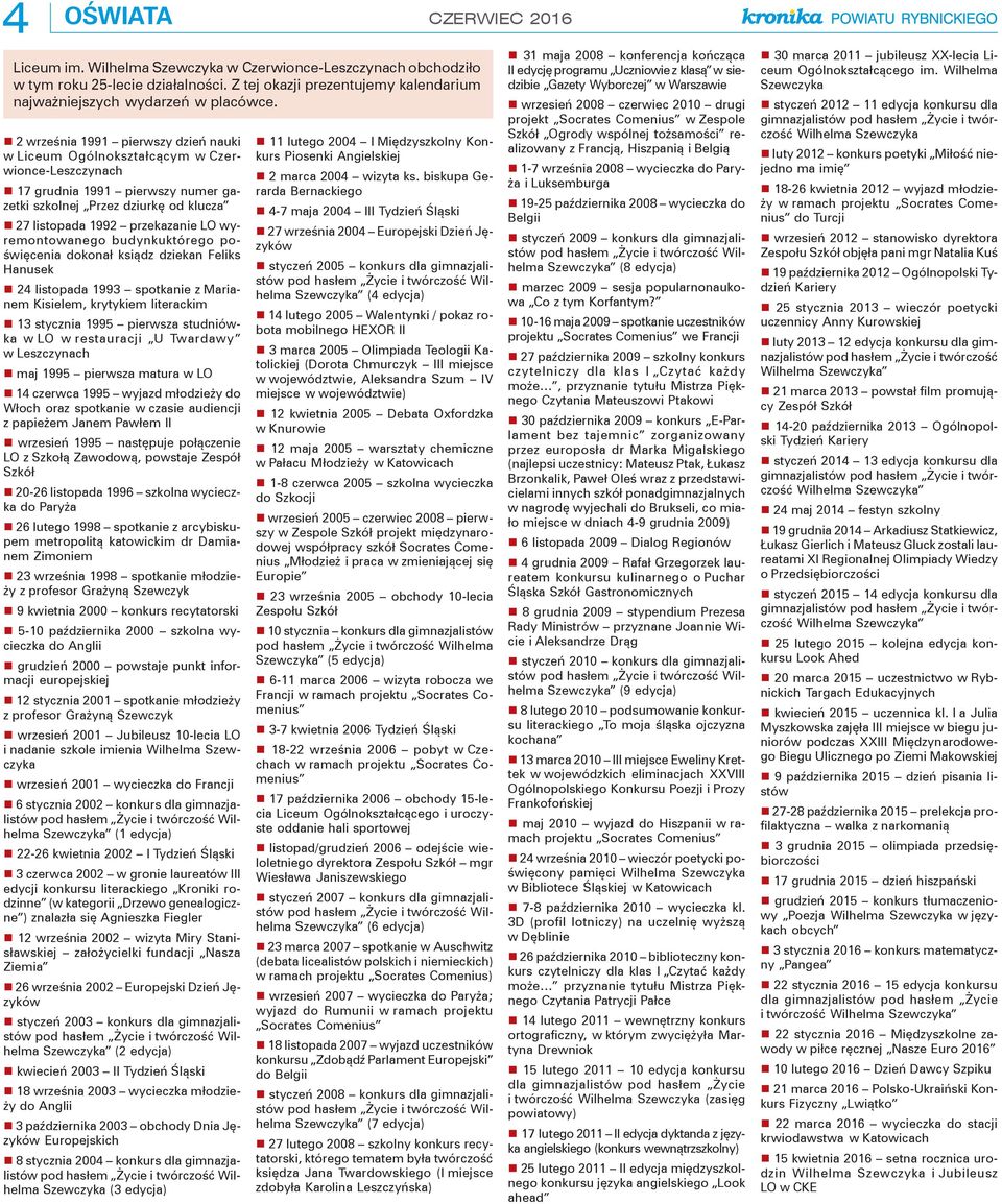 27 listopada 1992 przekazanie LO wyremontowanego budynkuktórego poświęcenia dokonał ksiądz dziekan Feliks Hanusek! 24 listopada 1993 spotkanie z Marianem Kisielem, krytykiem literackim!