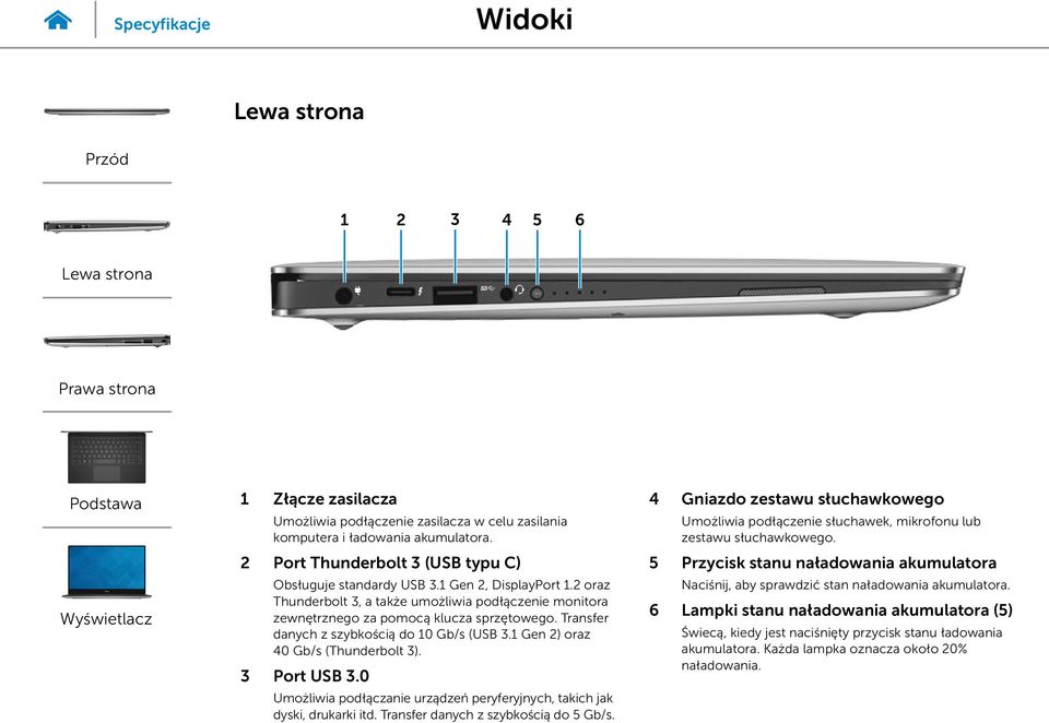 Transfer danych z szybkością do 10 Gb/s (USB 3.1 Gen 2) oraz 40 Gb/s (Thunderbolt 3). 3 Port USB 3.0 Umożliwia podłączanie urządzeń peryferyjnych, takich jak dyski, drukarki itd.