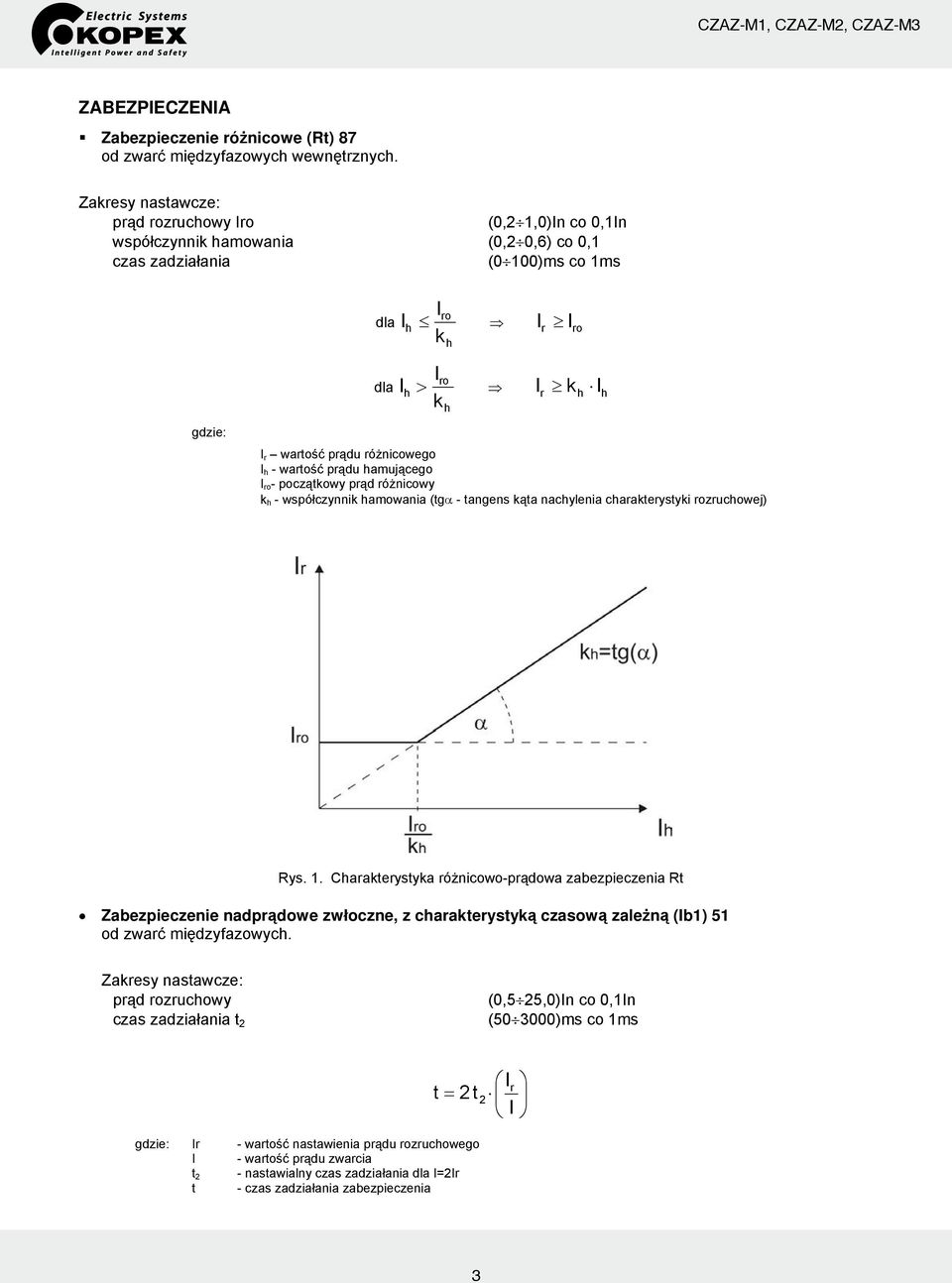 wartość prądu różnicowego I h - wartość prądu hamującego I ro - początkowy prąd różnicowy k h - współczynnik hamowania (tgα - tangens kąta nachylenia charakterystyki rozruchowej) Rys. 1.