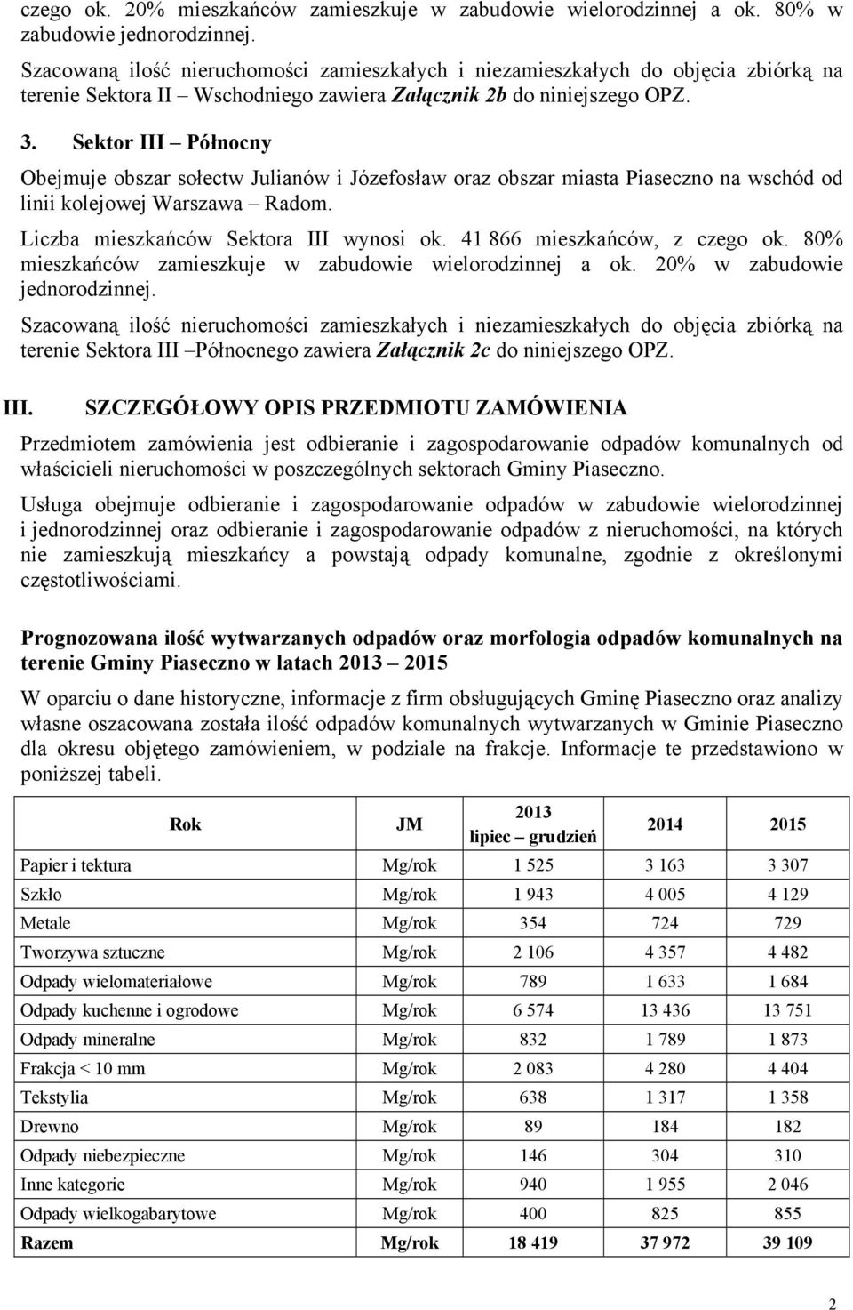 Sektor III Północny Obejmuje obszar sołectw Julianów i Józefosław oraz obszar miasta Piaseczno na wschód od linii kolejowej Warszawa Radom. Liczba mieszkańców Sektora III wynosi ok.