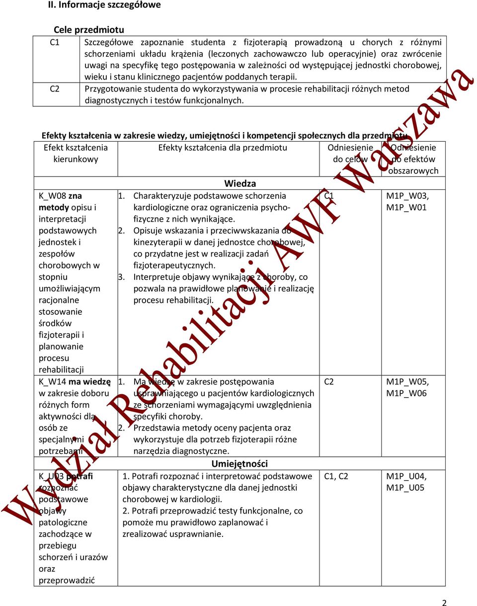 Przygotowanie studenta do wykorzystywania w procesie rehabilitacji różnych metod diagnostycznych i testów funkcjonalnych.