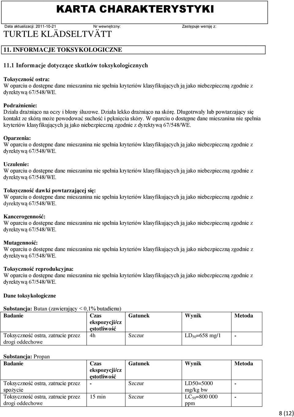W oparciu o dostępne dane mieszanina nie spełnia kryteriów klasyfikujących ją jako niebezpieczną zgodnie z Oparzenia: Uczulenie: Toksyczność dawki powtarzającej się: Kancerogenność: Mutagenność: