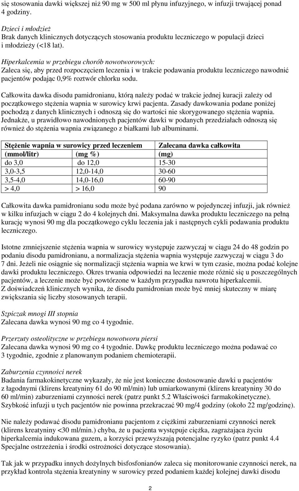 Hiperkalcemia w przebiegu chorób nowotworowych: Zaleca się, aby przed rozpoczęciem leczenia i w trakcie podawania produktu leczniczego nawodnić pacjentów podając 0,9% roztwór chlorku sodu.