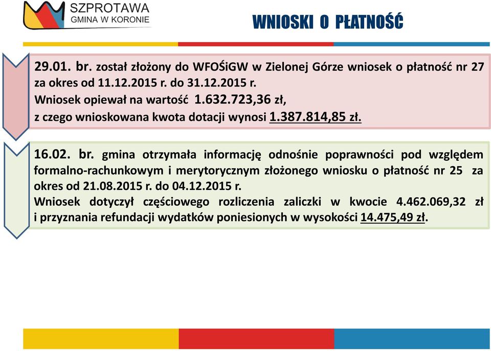 gmina otrzymała informację odnośnie poprawności pod względem formalno-rachunkowym i merytorycznym złożonego wniosku o płatność nr 25 za okres od