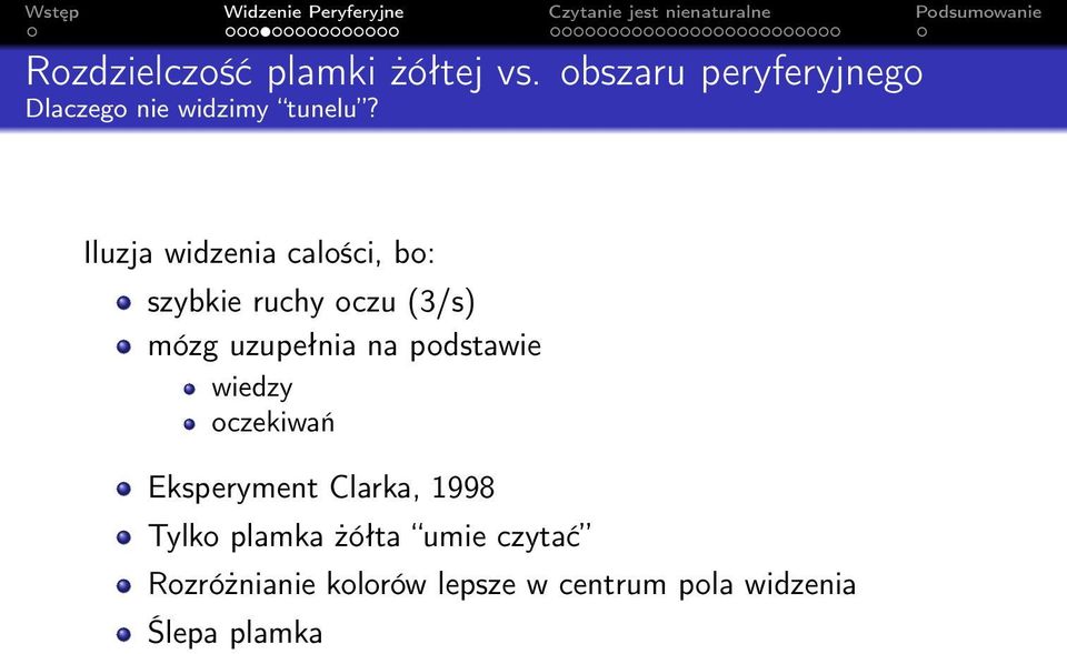 Iluzja widzenia calości, bo: szybkie ruchy oczu (3/s) mózg uzupełnia na