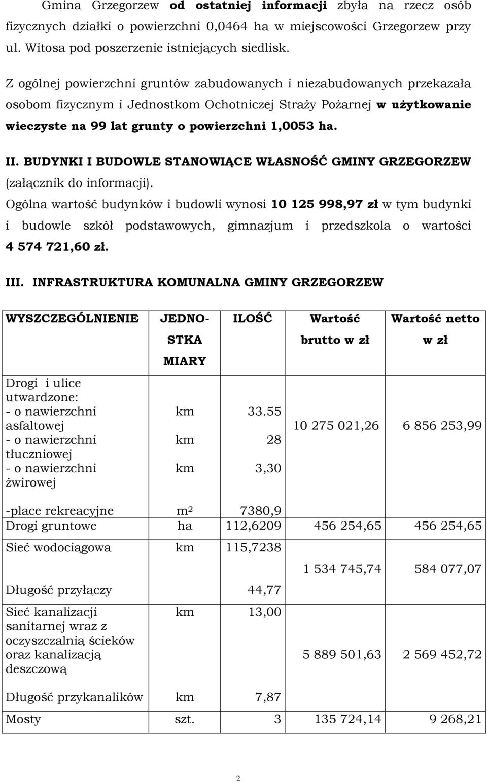 BUDYNKI I BUDOWLE STANOWIĄCE WŁASNOŚĆ GMINY GRZEGORZEW (załącznik do informacji).