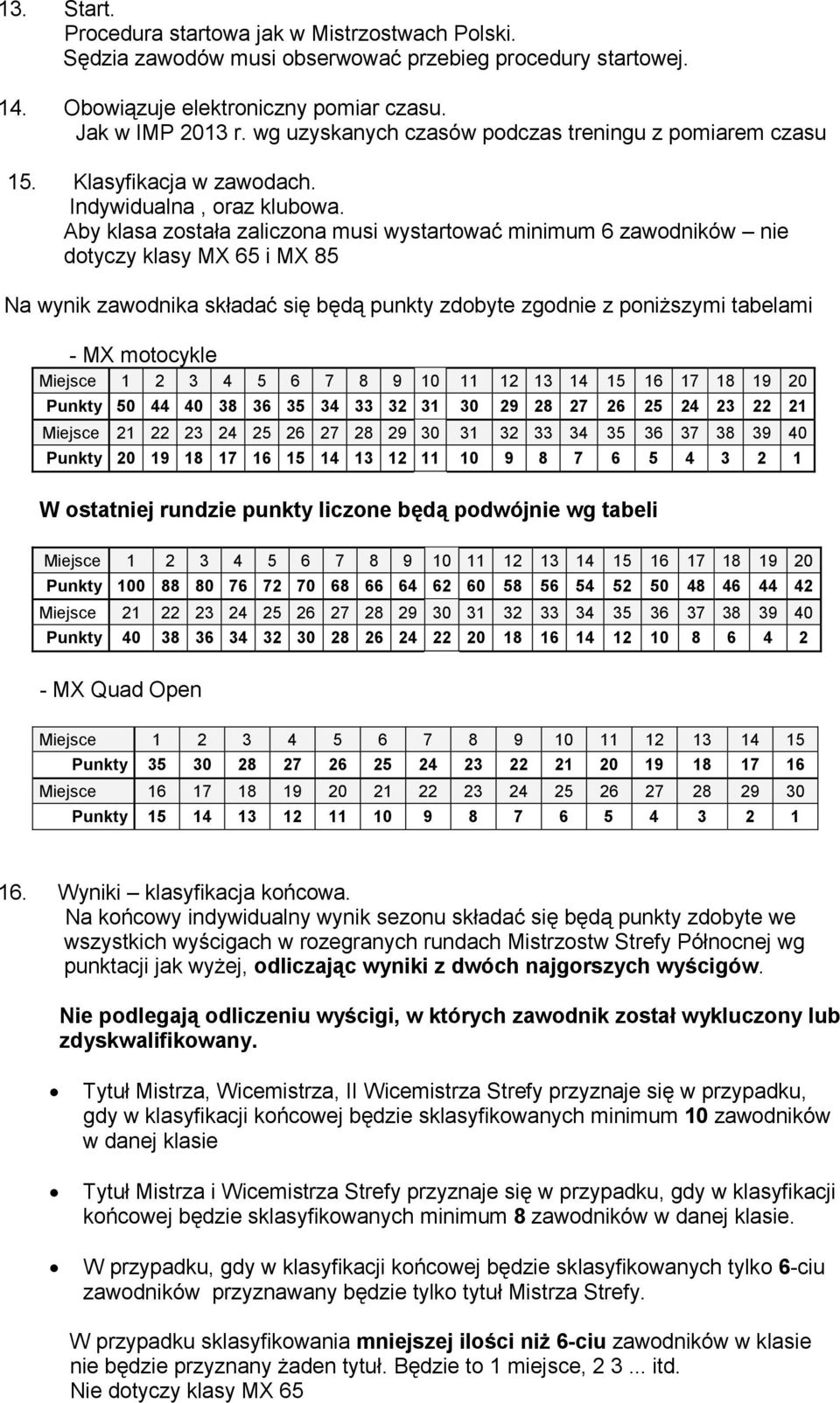 Aby klasa została zaliczona musi wystartować minimum 6 zawodników nie dotyczy klasy MX 65 i MX 85 Na wynik zawodnika składać się będą punkty zdobyte zgodnie z poniŝszymi tabelami - MX motocykle