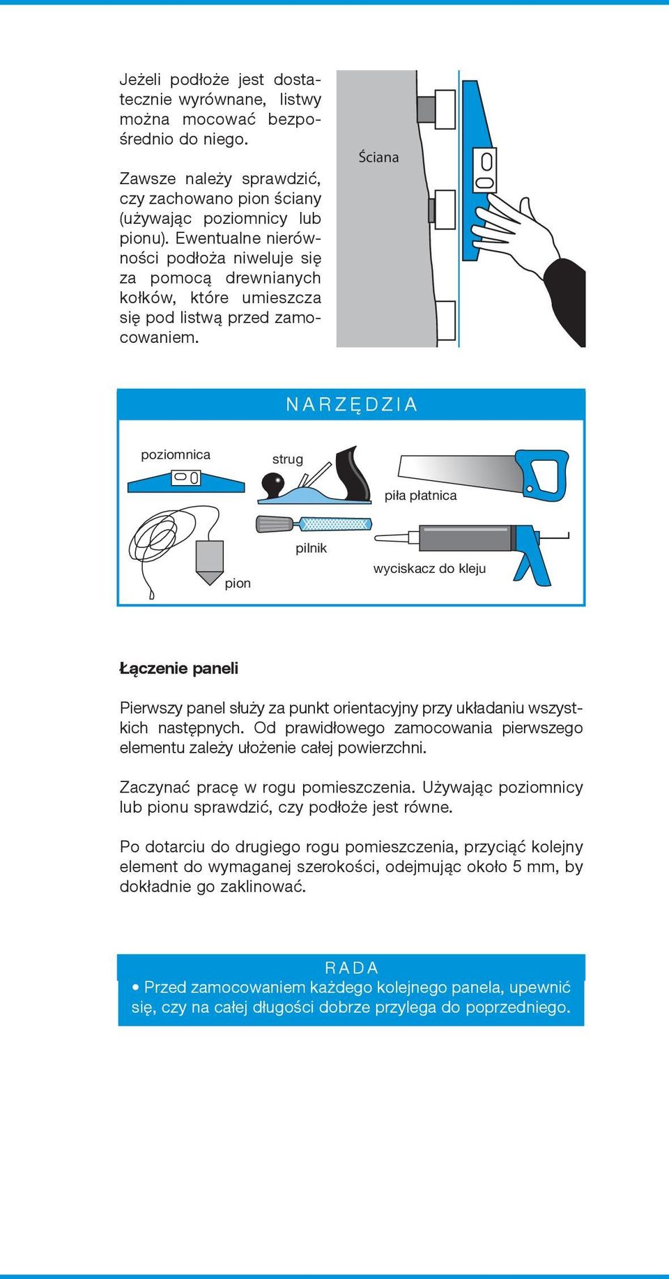 îciana poziomnica strug pi a p atnica pion pilnik wyciskacz do kleju ú cze nie pa ne li Pierw szy pa nel s u y za punkt orien ta cyj ny przy uk a da niu wszystkich na stûp nych.
