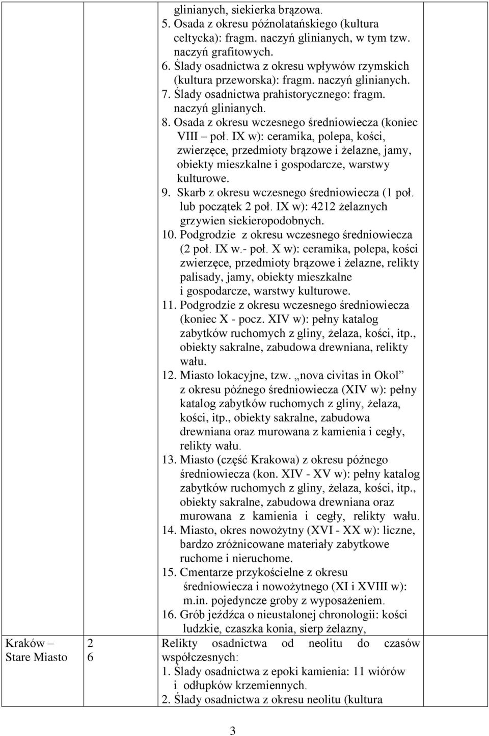 IX w): ceramika, polepa, kości, zwierzęce, przedmioty brązowe i żelazne, jamy, obiekty mieszkalne i gospodarcze, warstwy kulturowe. 9. Skarb z okresu wczesnego średniowiecza ( poł. lub początek poł.