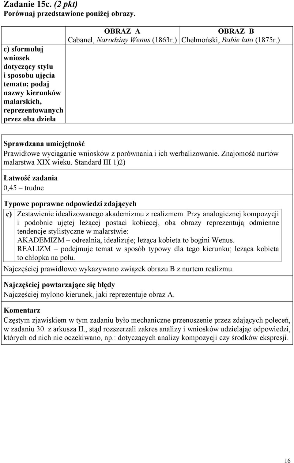 ) OBRAZ B Chełmoński, Babie lato (1875r.) Prawidłowe wyciąganie wniosków z porównania i ich werbalizowanie. Znajomość nurtów malarstwa XIX wieku.