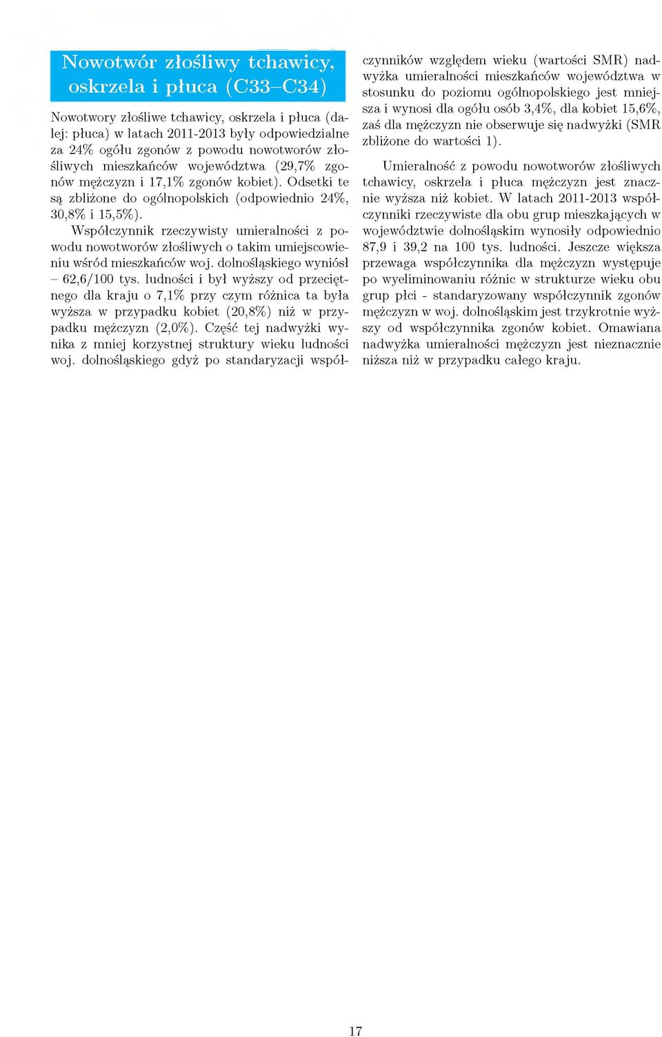 Współczynnik rzeczywisty umieralności z powodu nowotworów złośliwych o takim umiejscowieniu wśród mieszkańców woj. dolnośląskiego wyniósł - 62,6/100 tys.