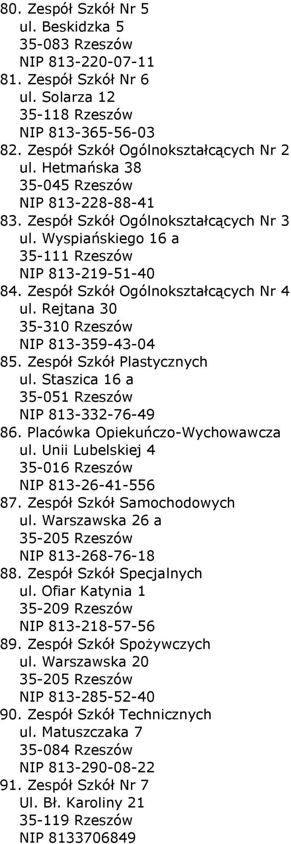 Rejtana 30 35-310 Rzeszów NIP 813-359-43-04 85. Zespół Szkół Plastycznych ul. Staszica 16 a 35-051 Rzeszów NIP 813-332-76-49 86. Placówka Opiekuńczo-Wychowawcza ul.