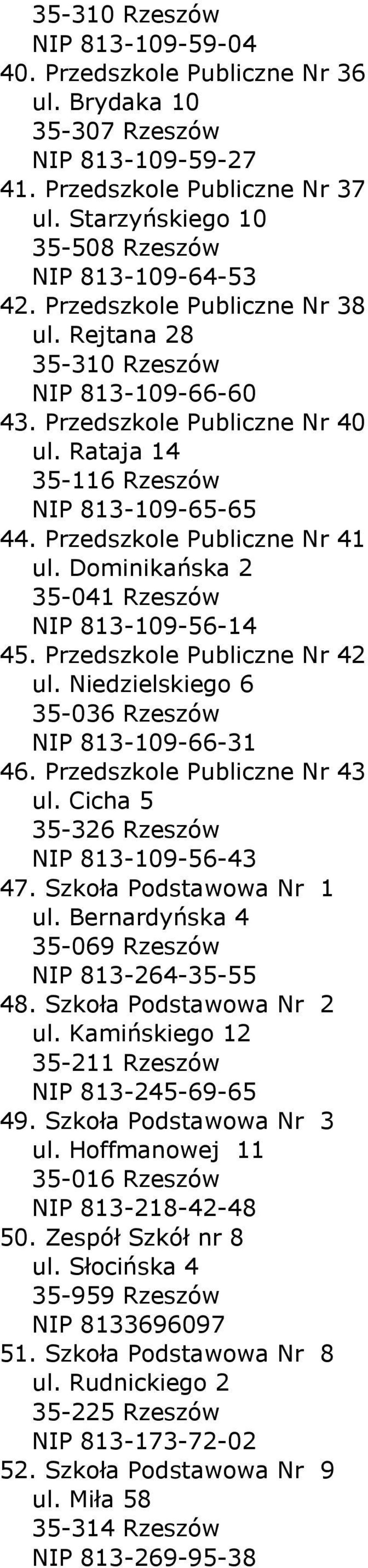 Rataja 14 35-116 Rzeszów NIP 813-109-65-65 44. Przedszkole Publiczne Nr 41 ul. Dominikańska 2 35-041 Rzeszów NIP 813-109-56-14 45. Przedszkole Publiczne Nr 42 ul.