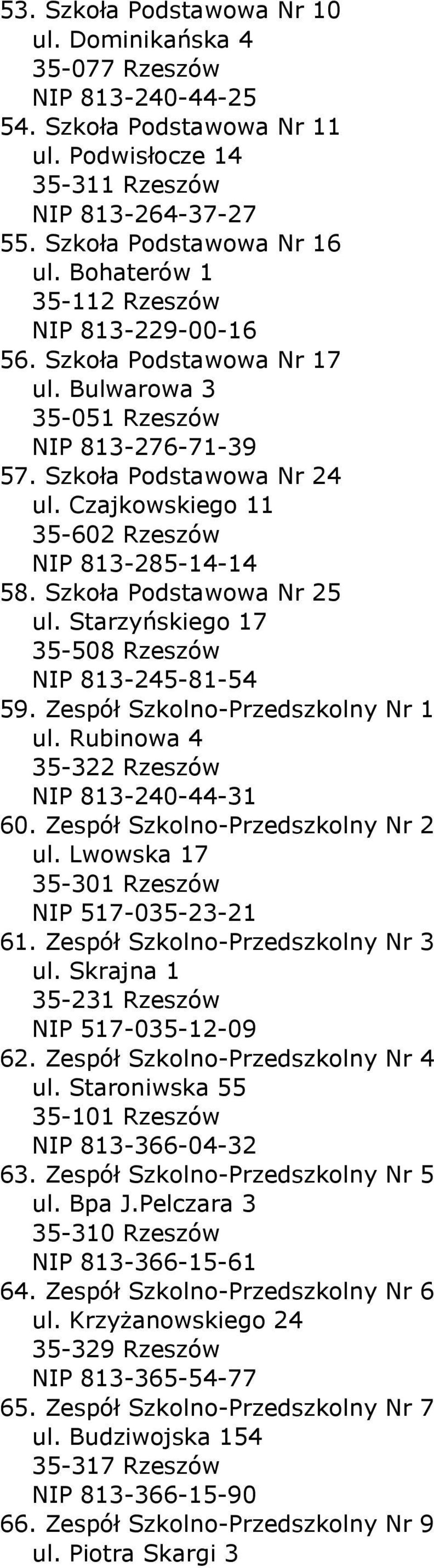 Czajkowskiego 11 35-602 Rzeszów NIP 813-285-14-14 58. Szkoła Podstawowa Nr 25 ul. Starzyńskiego 17 35-508 Rzeszów NIP 813-245-81-54 59. Zespół Szkolno-Przedszkolny Nr 1 ul.