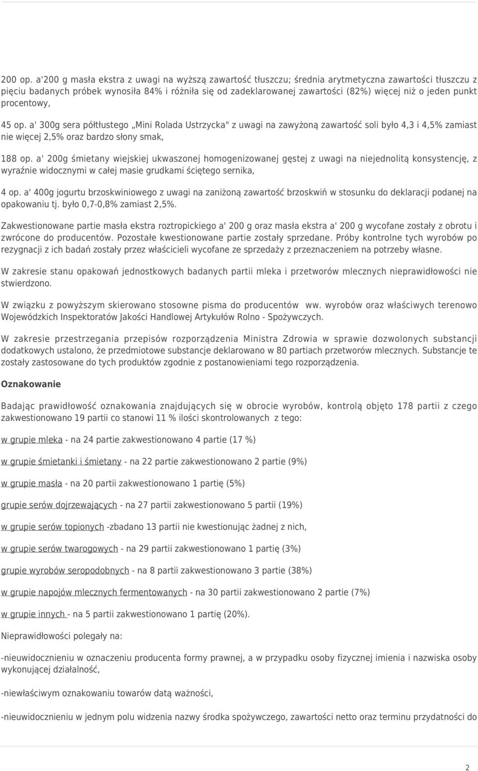 jeden punkt procentowy, 45 op. a' 300g sera półtłustego Mini Rolada Ustrzycka" z uwagi na zawyżoną zawartość soli było 4,3 i 4,5% zamiast nie więcej 2,5% oraz bardzo słony smak, 188 op.