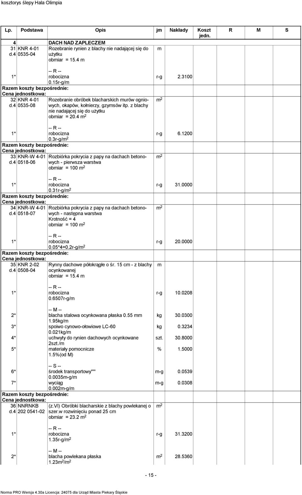 4 KNR-W 4-01 0518-06 Rozbiórka pokrycia z papy na dachach betonowych - pierwsza warstwa obiar = 100 r-g 31.0000 0.31r-g/ 34 d.