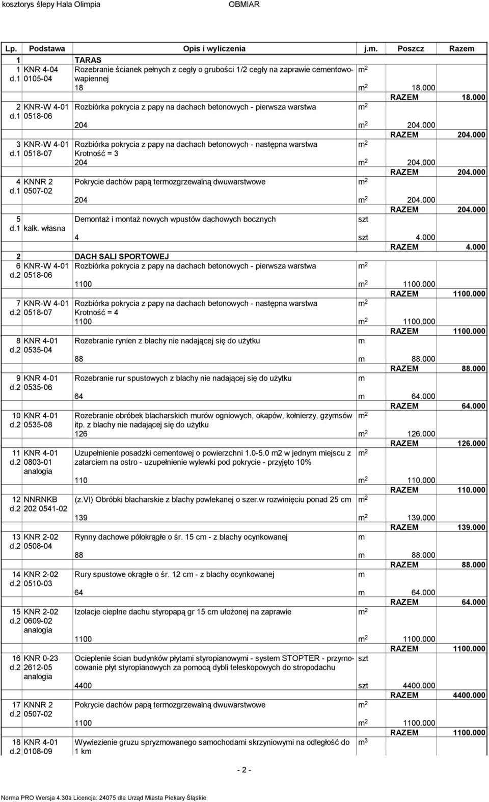 000 3 KNR-W 4-01 Rozbiórka pokrycia z papy na dachach betonowych - następna warstwa d.1 0518-07 Krotność = 3 204 204.000 204.000 4 KNNR 2 Pokrycie dachów papą terozgrzewalną dwuwarstwowe d.