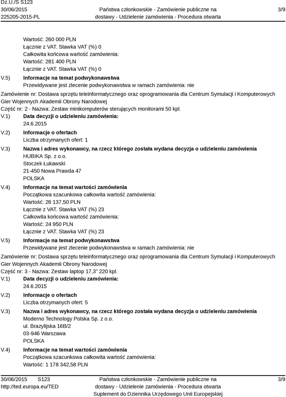 Wartość: 24 950 PLN Część nr: 3 - Nazwa: Zestaw laptop 17,3 220 kpl.