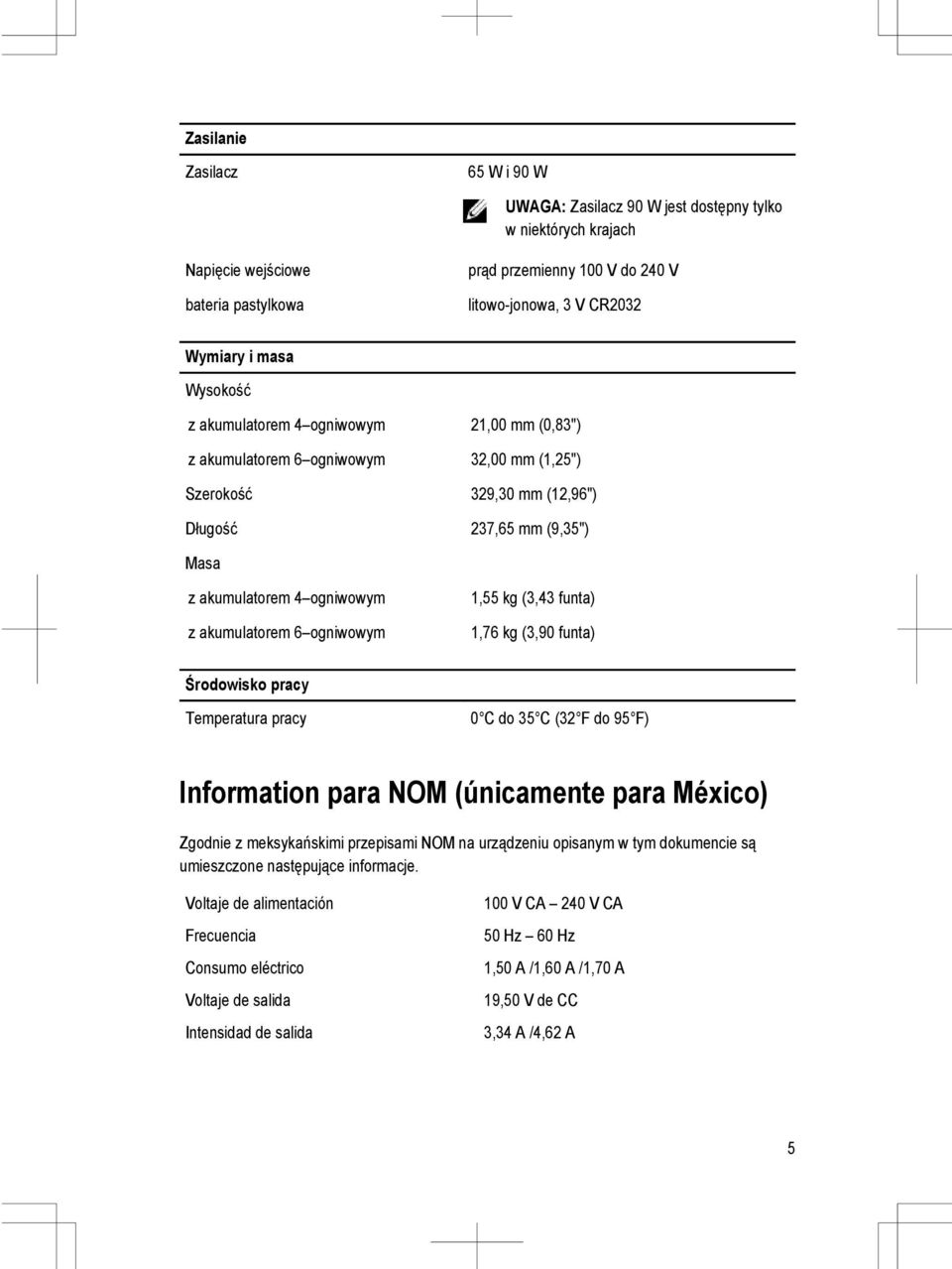 akumulatorem 6 ogniwowym 1,55 kg (3,43 funta) 1,76 kg (3,90 funta) Środowisko pracy Temperatura pracy 0 C do 35 C (32 F do 95 F) Information para NOM (únicamente para México) Zgodnie z meksykańskimi