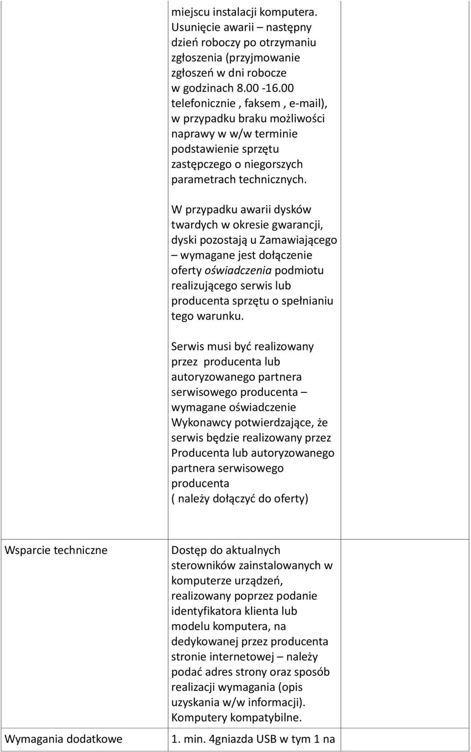 W przypadku awarii dysków twardych w okresie gwarancji, dyski pozostają u Zamawiającego wymagane jest dołączenie oferty oświadczenia podmiotu realizującego serwis lub producenta sprzętu o spełnianiu