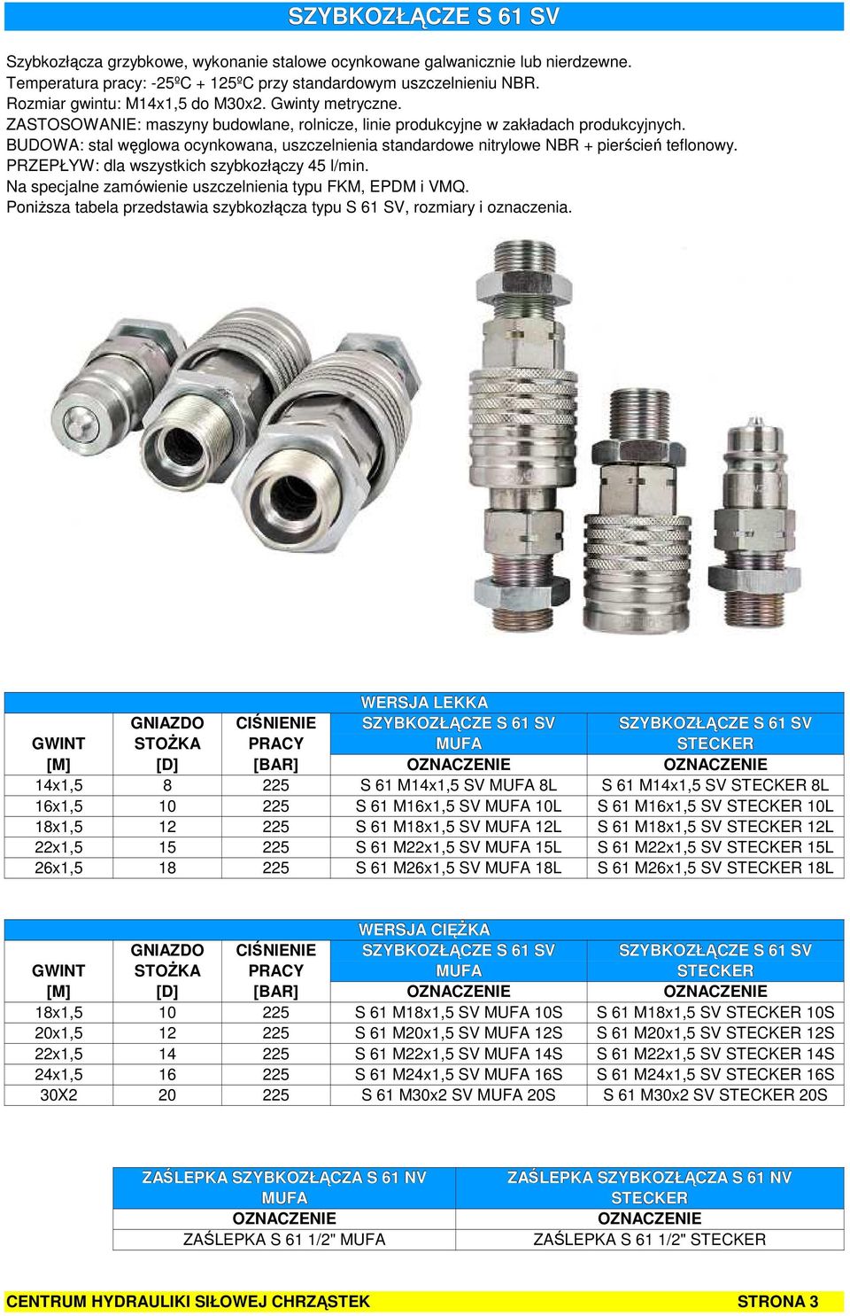 PRZEPŁYW: dla wszystkich szybkozłączy 45 l/min. PoniŜsza tabela przedstawia szybkozłącza typu S 61 SV, rozmiary i oznaczenia.