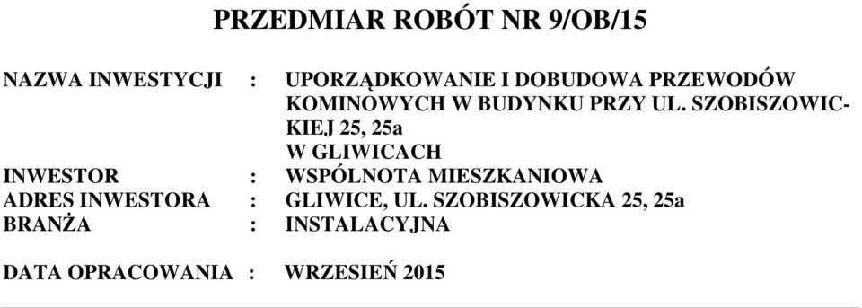 SZOBISZOWIC- KIEJ 25, 25a W GLIWICACH INWESTOR : WSPÓLNOTA