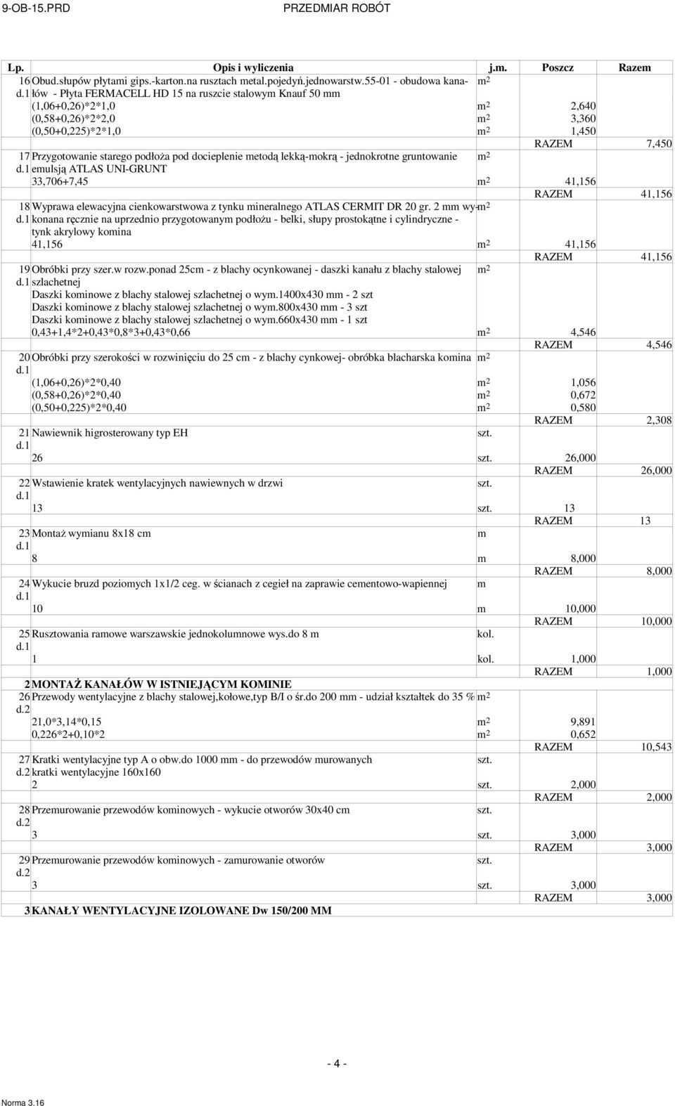 starego podłoża pod docieplenie metodą lekką-mokrą - jednokrotne gruntowanie m 2 emulsją ATLAS UNI-GRUNT 33,706+7,45 m 2 41,156 RAZEM 41,156 18 Wyprawa elewacyjna cienkowarstwowa z tynku mineralnego