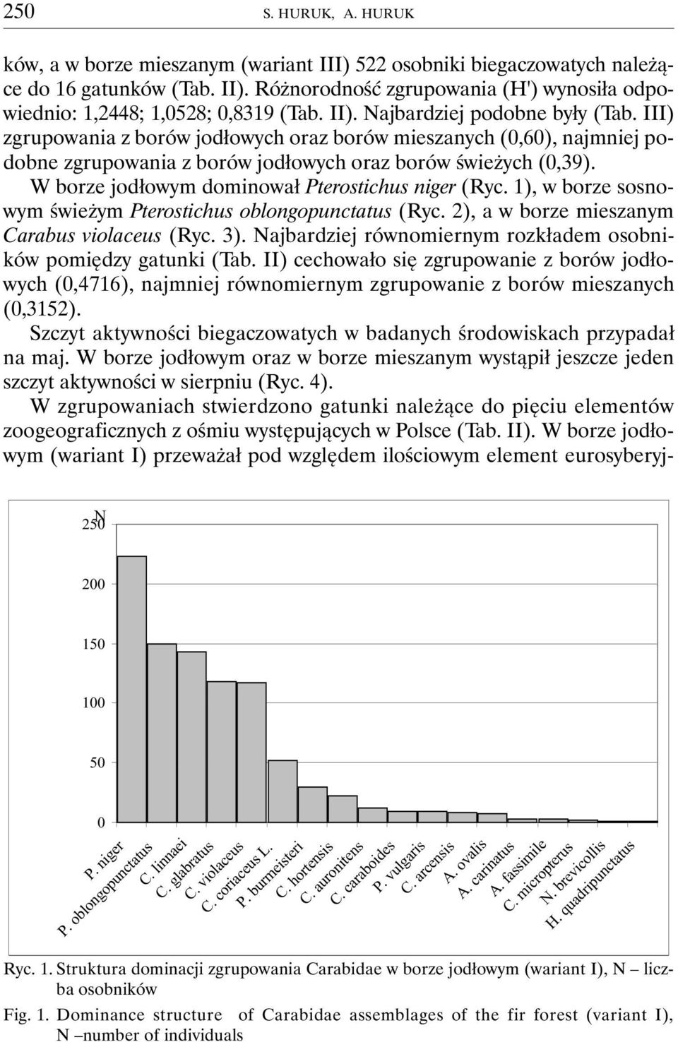 III) zgrupowania z borów jodłowych oraz borów mieszanych (0,60), najmniej podobne zgrupowania z borów jodłowych oraz borów świeżych (0,39). W borze jodłowym dominował Pterostichus niger (Ryc.