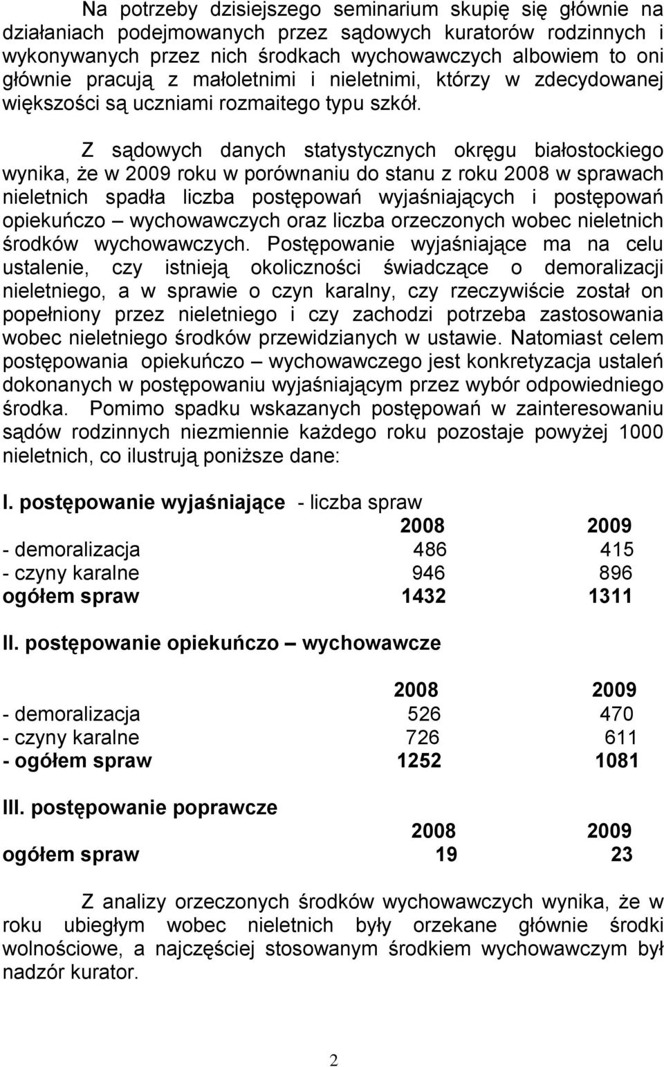 Z sądowych danych statystycznych okręgu białostockiego wynika, że w 2009 roku w porównaniu do stanu z roku 2008 w sprawach nieletnich spadła liczba postępowań wyjaśniających i postępowań opiekuńczo