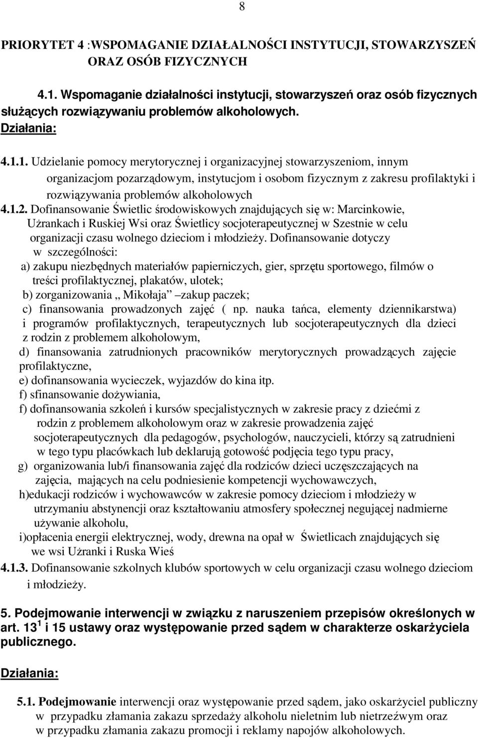 1. Udzielanie pomocy merytorycznej i organizacyjnej stowarzyszeniom, innym organizacjom pozarządowym, instytucjom i osobom fizycznym z zakresu profilaktyki i rozwiązywania problemów alkoholowych 4.1.2.
