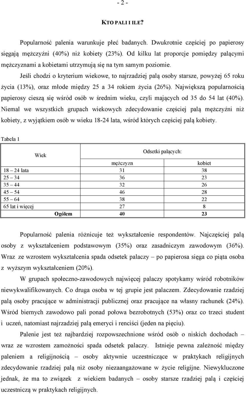 Jeśli chodzi o kryterium wiekowe, to najrzadziej palą osoby starsze, powyżej 65 roku życia (13%), oraz młode między 25 a 34 rokiem życia (26%).