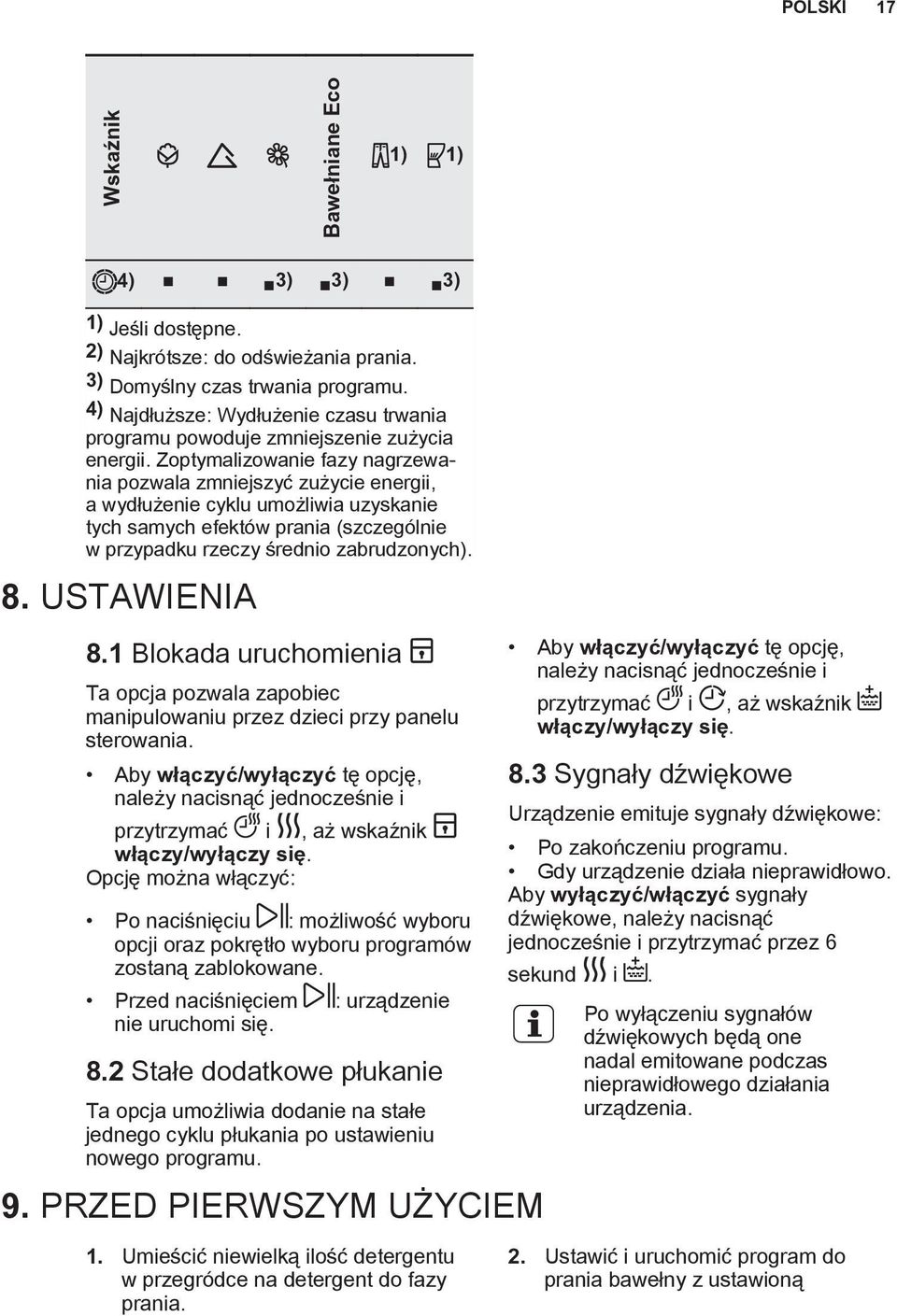 Zoptymalizowanie fazy nagrzewania pozwala zmniejszyć zużycie energii, a wydłużenie cyklu umożliwia uzyskanie tych samych efektów prania (szczególnie w przypadku rzeczy średnio zabrudzonych). 8.