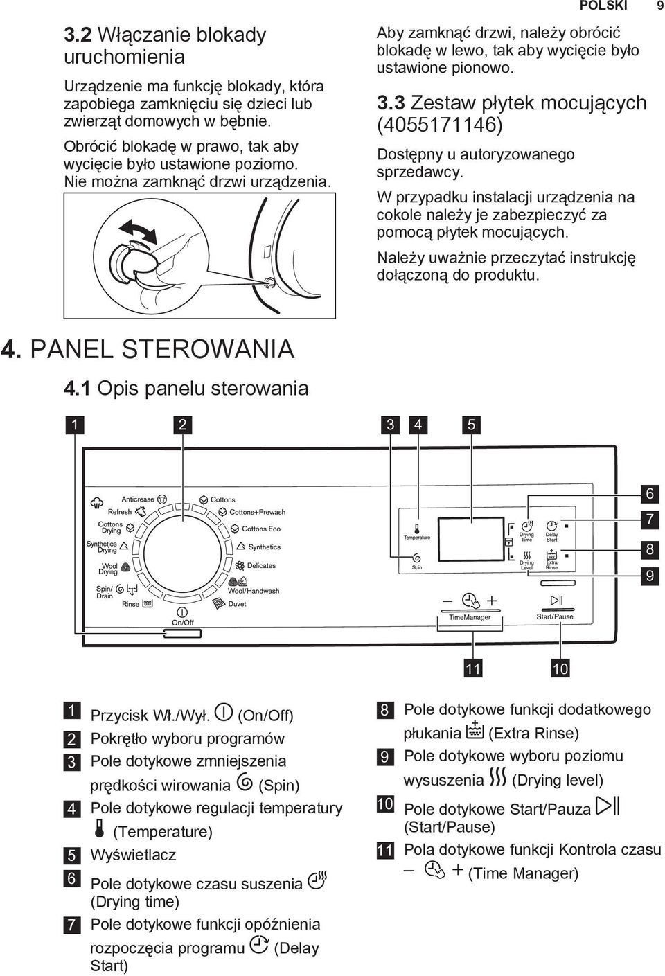 3 Zestaw płytek mocujących (4055171146) Dostępny u autoryzowanego sprzedawcy. POLSKI 9 W przypadku instalacji urządzenia na cokole należy je zabezpieczyć za pomocą płytek mocujących.