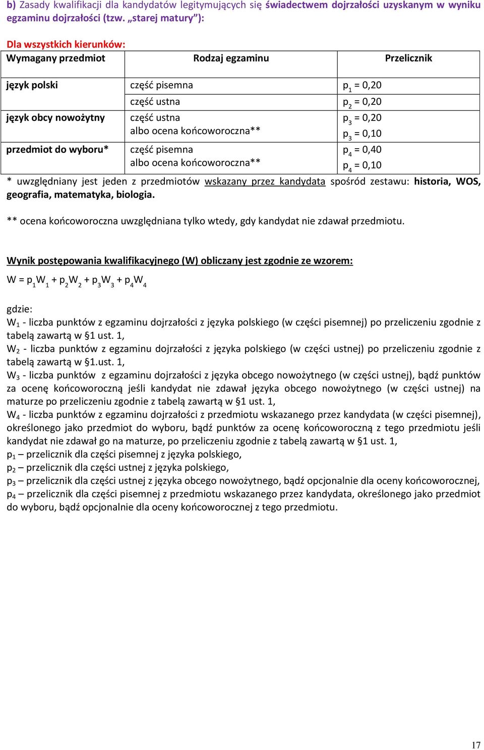 pisemna = 0,40 * uwzględniany jest jeden z przedmiotów wskazany przez kandydata spośród zestawu: historia, WOS, geografia, matematyka, biologia.