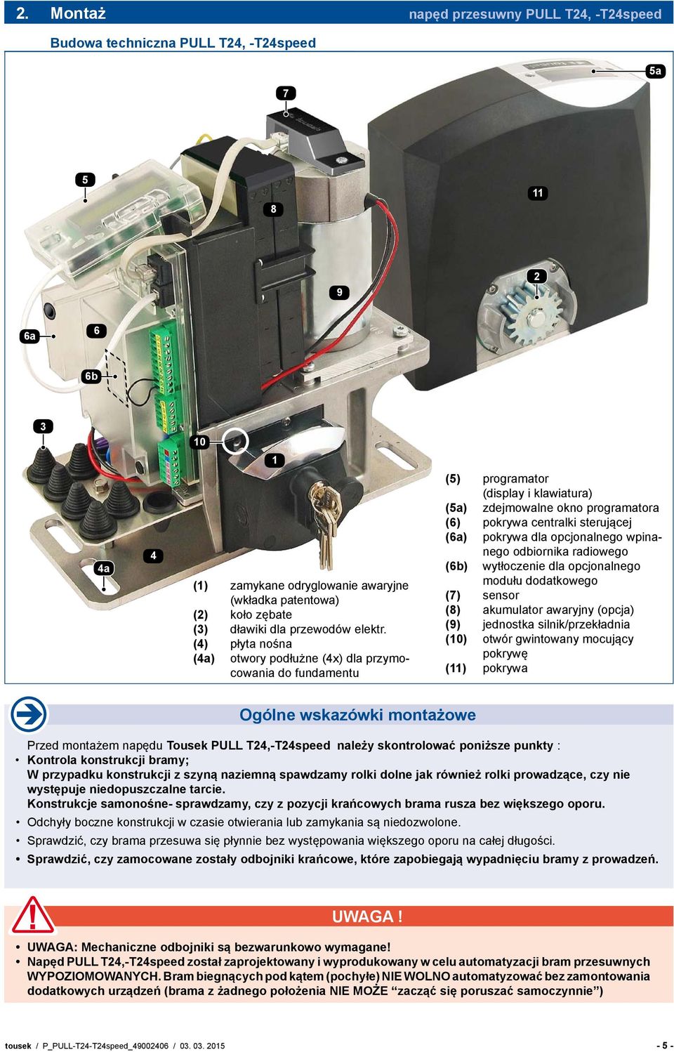 (4) płyta nośna (4a) otwory podłużne (4x) dla przymocowania do fundamentu (5) programator (display i klawiatura) (5a) zdejmowalne okno programatora (6) pokrywa centralki sterującej (6a) pokrywa dla
