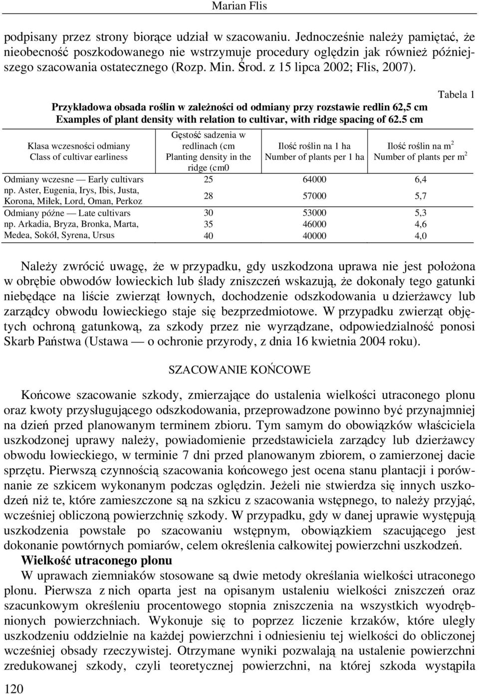 Przykładowa obsada roślin w zależności od odmiany przy rozstawie redlin 62,5 cm Examples of plant density with relation to cultivar, with ridge spacing of 62.