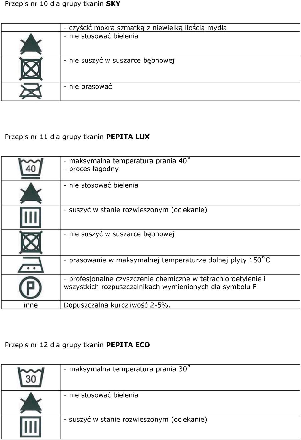 tkanin PEPITA LUX Dopuszczalna kurczliwość 2-5%.