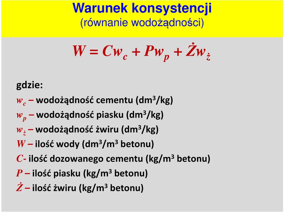 wodożądność żwiru (dm 3 /kg) W ilość wody (dm 3 /m 3 betonu) C- ilość